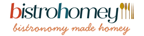 Bistro Homey logo with a fork, spoon, and knife icon in gold. Bistronomy made homey.