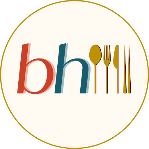 BH logo with stylized lettering, spoon, fork, knife, and chopsticks on a cream background with gold circle.