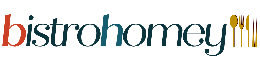 Bistro Homey logo with a fork, spoon, and knife icon in gold on a black background.