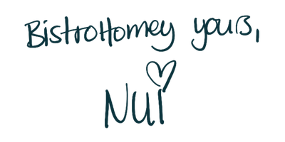 Handwritten signature in deep teal-colored text reading "BistroHomey, yours, Nui" with a heart.