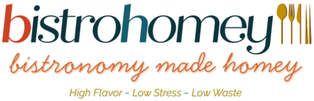 Bistrohomey logo: bistro in orange, homey in teal, with utensils. "Bistronomy made homey. High Flavor, Low Stress, Low Waste.
