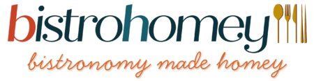 BistroHomey logo with a fork, spoon, and knife icon in gold. Bistronomy made homey. Global Flavors. Low Stress. Low Waste.