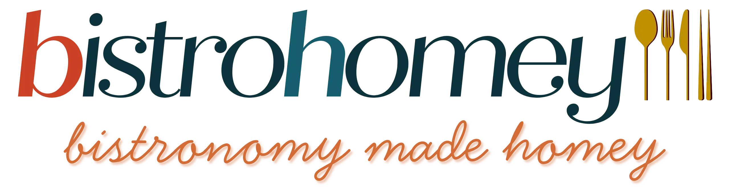 BistroHomey logo with a fork, spoon, and knife icon in gold. Bistronomy made homey. Global Flavors. Low Stress. Low Waste.