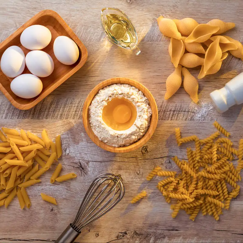 Pasta ingredients: flour, eggs, olive oil, and various pasta shapes on wood.