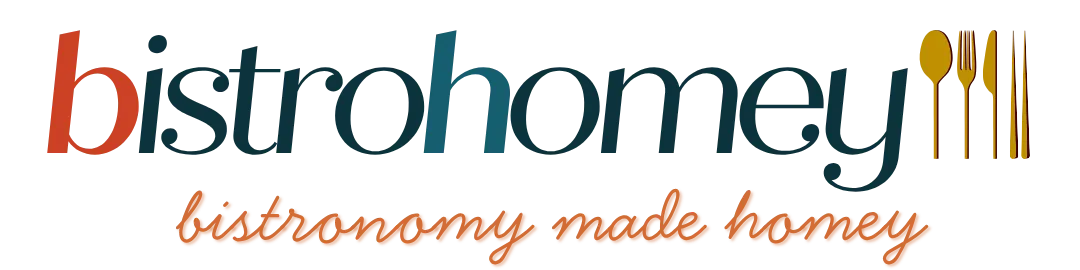 BistroHomey logo with a fork, spoon, and knife icon in gold. Bistronomy made homey. Global Flavors. Low Stress. Low Waste.