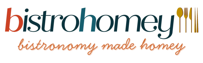 BistroHomey logo with a fork, spoon, and knife icon in gold. Bistronomy made homey. Global Flavors. Low Stress. Low Waste.