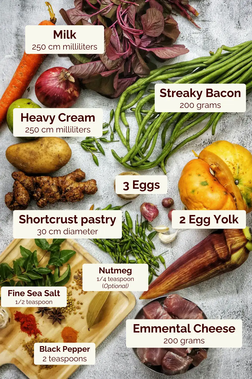 Quiche ingredients: milk, cream, bacon, cheese, eggs, pastry, vegetables, and spices.